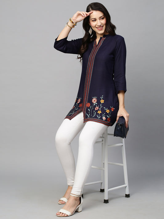 Navy Floral Embroidered Kurti