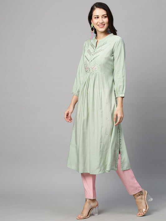 Floral Embroidered Mirror Work Kurta with Trousers & Dupatta