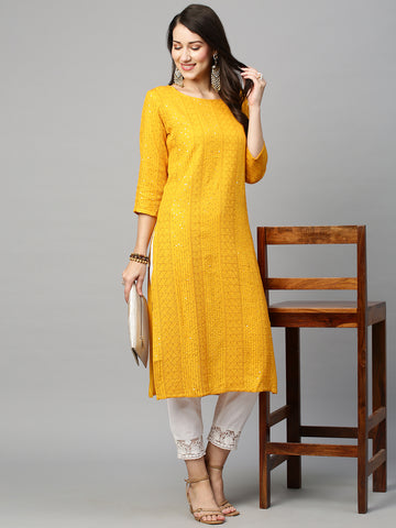 Embroidered Thread Work Boat Neck Cotton Kurta