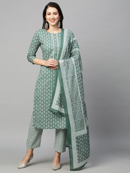 Ethnic Motifs Printed Pure Cotton Kurta with Trousers & Dupatta