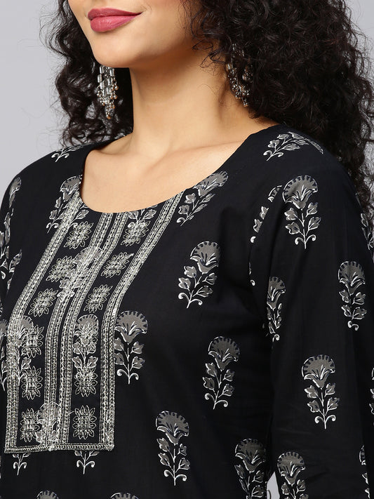 INDYES Black Floral Printed Sequinned Pure Cotton Kurta with Trousers & With Dupatta for Women