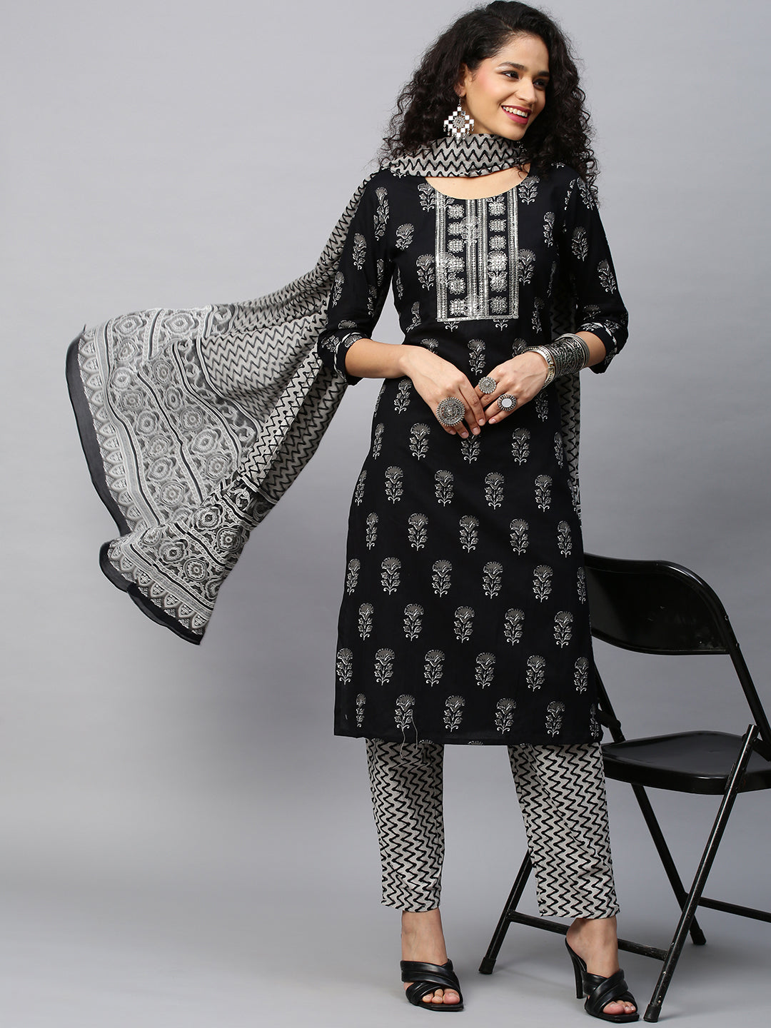 INDYES Black Floral Printed Sequinned Pure Cotton Kurta with Trousers & With Dupatta for Women