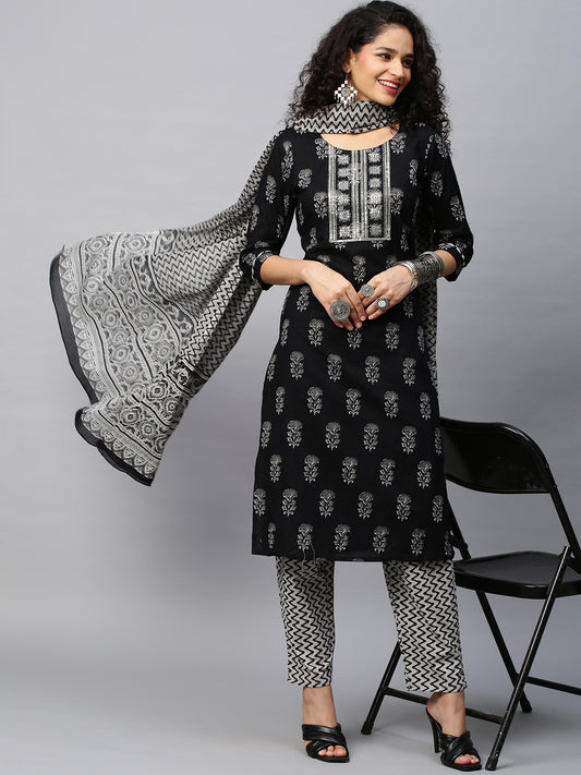 INDYES Black Floral Printed Sequinned Pure Cotton Kurta with Trousers & With Dupatta for Women
