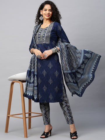 Women Navy Blue Yoke Design Sequinned Pure Cotton Kurta with Trousers & With Dupatta