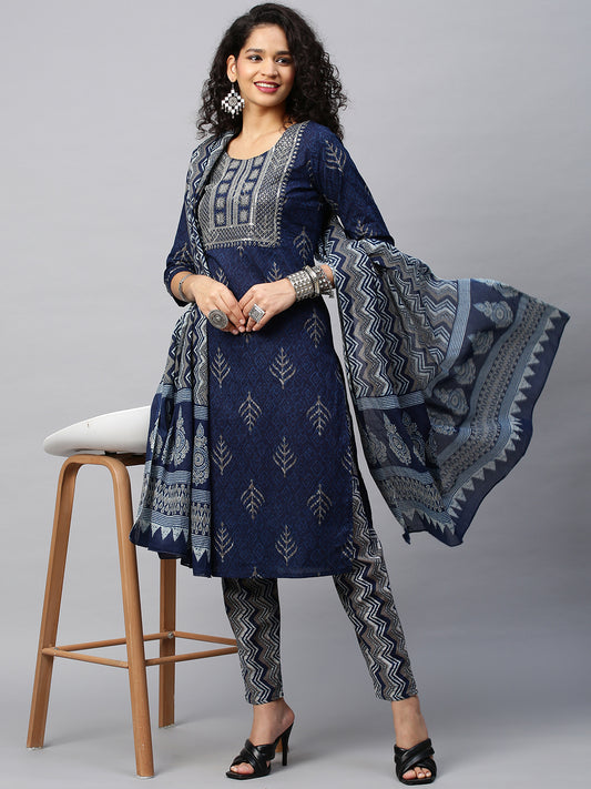 Women Navy Blue Yoke Design Sequinned Pure Cotton Kurta with Trousers & With Dupatta