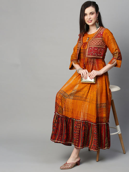 Geometric Printed Mirror Work Tiering Anarkali Kurta