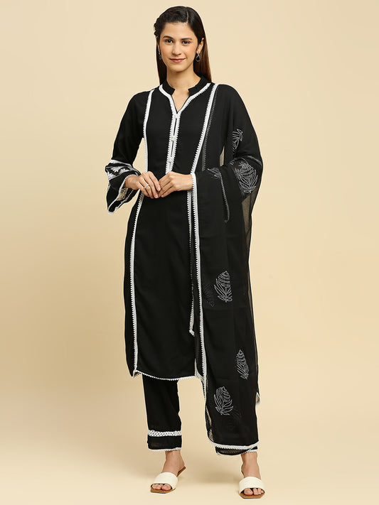 Women Black Regular Thread Work Kurta with Trousers & With Dupatta