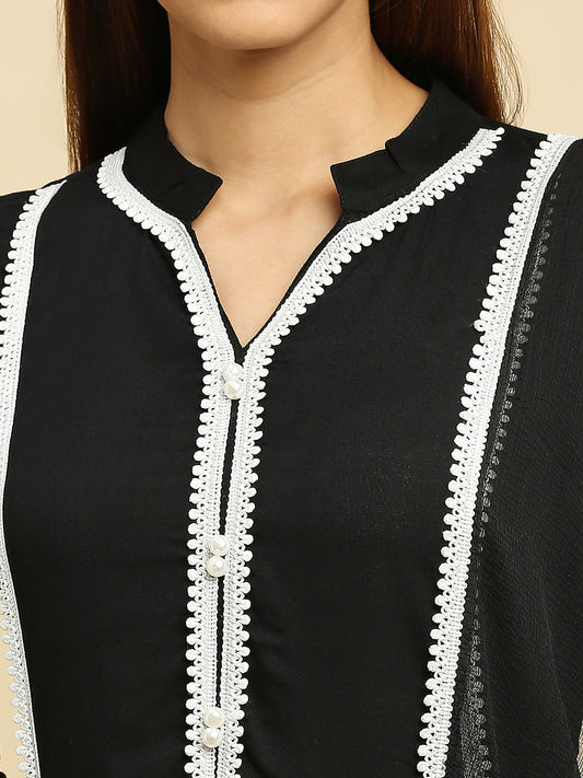 Women Black Regular Thread Work Kurta with Trousers & With Dupatta