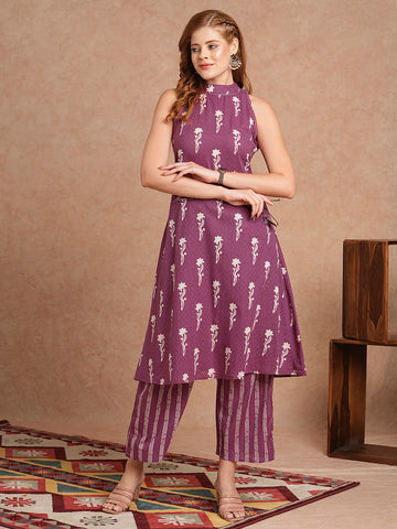 INDYES Ethnic Motifs Printed Pure Cotton A-Line Kurta With Palazzo for Women