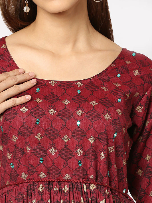 Red Geometric Printed Fit & Flare Midi Dress