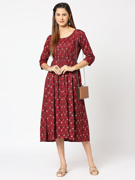 Red Geometric Printed Fit & Flare Midi Dress